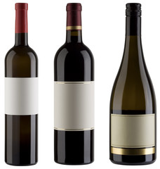 Three unlabeled wine bottles isolated with clipping path
