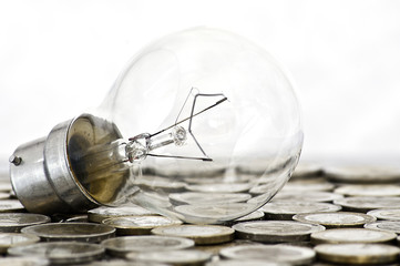 filament bulb lying on euro coins