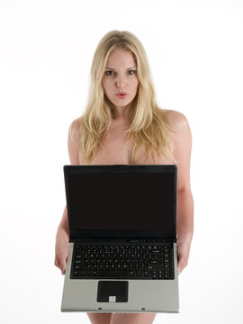 nude blonde with a laptop computer