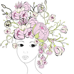 Young woman face with pink flowers