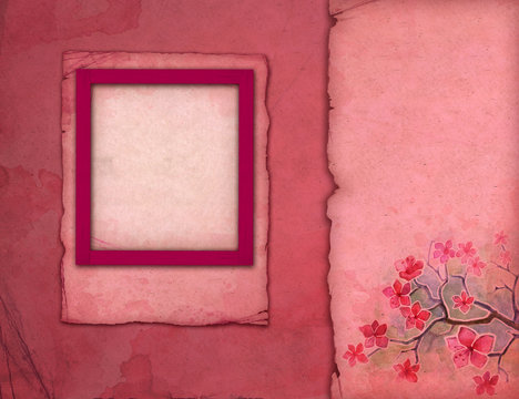 Vintage pink photo frame with watercolor flower