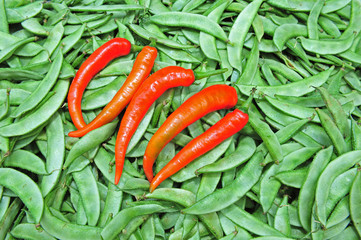 red chili and green bean in the market