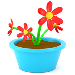 Cartoon flowers in pot isolated on white background