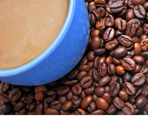 roasted coffee beans and a coffee cup