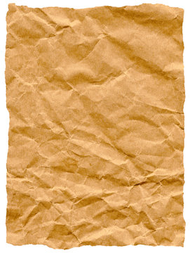 Old torn crumpled paper bag texture isolated on white.