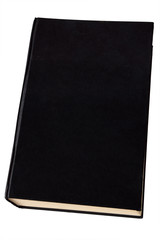 Old black hardback book isolated on white.