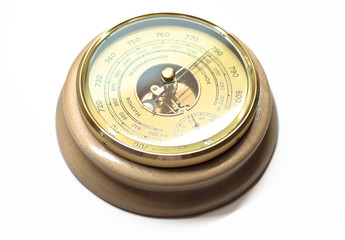 Wooden barometer on a white background. Isolation.