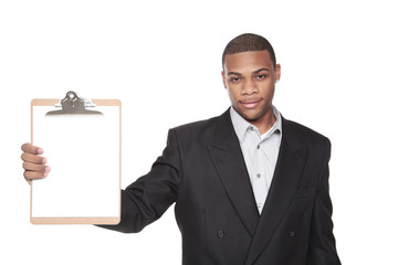 African American businessman isolated on white holding clipboard