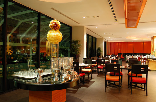 Modern Restaurant Interior In Night Illumination, Pattaya, Thail