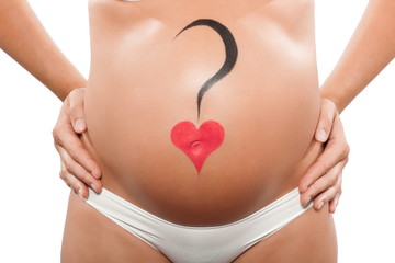 Pregnant woman with question mark on the belly