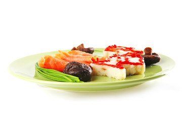 salmon slice with mash on green