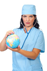 Doctor woman examine world globe