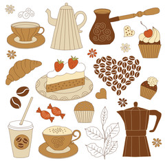 coffee and dessert set, vector illustration