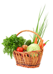 Wicker with vegetables, isolated on white