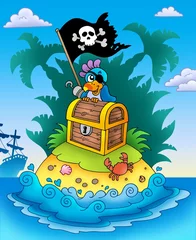 Deurstickers Piraten Klein eiland met kist en papegaai