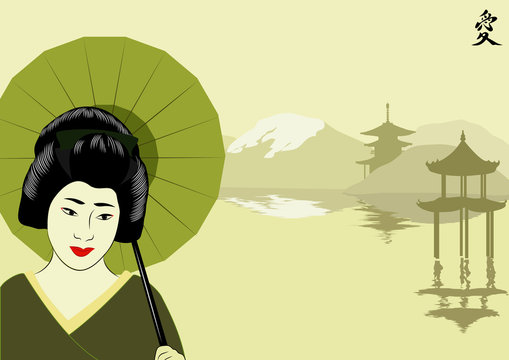 vector geisha with umbrella