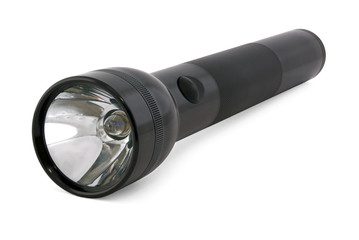 Black metal massive flashlight isolated  on white background