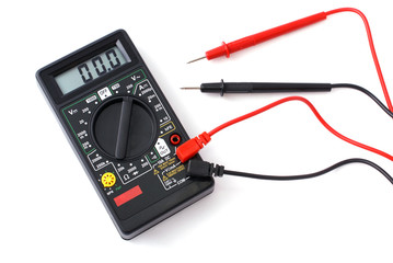 Black multimeter with two probes isolated on white background