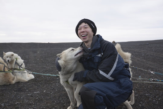 Chinese man petting dog in dog sled pack