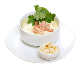vegetable cream soup with smoked meat