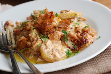 Tuna, leek and bacon dauphinoise