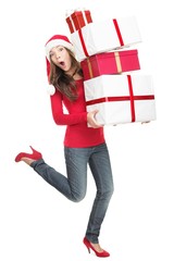 Funny christmas woman in hurry running with gifts - 26106229