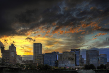 Dramatic Sunset Sky Over Portland Skyline
