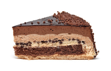 A piece of chocolate cake, isolated on a white background.