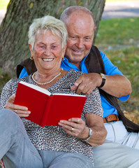Älteres verliebtes Senioren Paar liest ein Buch.
