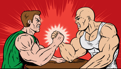 Muscle men arm wrestling.