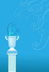 Greek vase and column on a blue background with waves