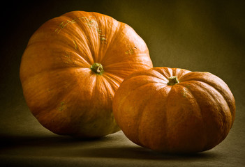 Two Pumpkins on brown background. Natural old style.