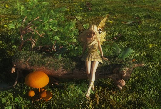 Fairy sitting on a mossy log
