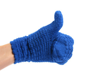 hand with blue mitten and thumb up