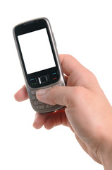Hand with a cell phone isolated on white background