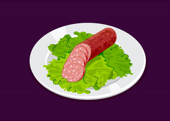 Sliced sausage with salad on the white plate