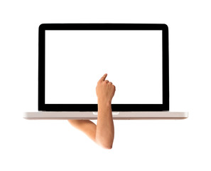 Hand pointing to a laptop
