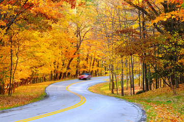 Car on curvy road in autumn with motion blur to show speed