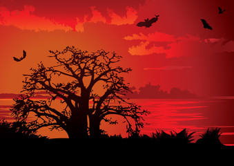 Sunset. Vector art-illustration on a red background.