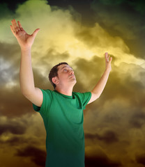 Religious Peace Man Reaching for the Sky Clouds