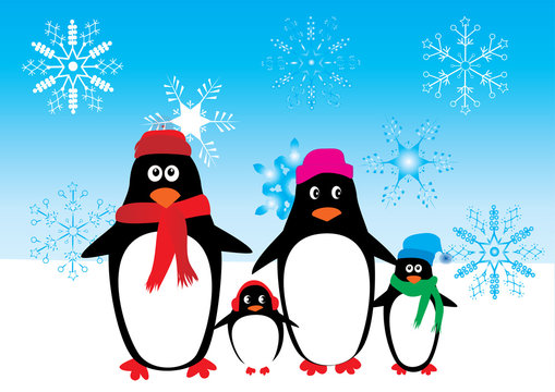 penguin family with snowflakes