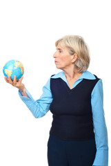 Senior woman hold a globe