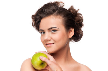 Closeup portrait of beauty woman with green apple