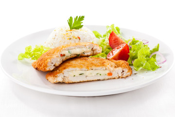 Stuffed turkey fillet with white rice  and vegetable salad