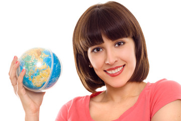 portrait of woman with globe in hands isolated