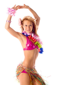 attractive dance girl in hawaiian costume isolated