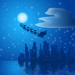 Santa Claus riding his sleigh over a city