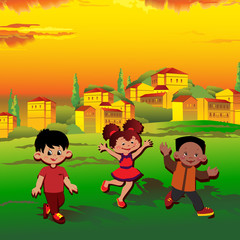 Fototapeta na wymiar Glad kids playing. Happy childhood. Vector illustration.