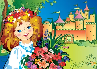 Peel and stick wall murals Castle Beautiful girl with flowers. Vector art-illustration.