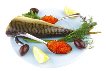 caviar and fish on blue plate